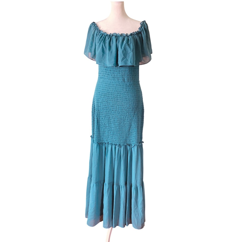 Baltic Born Amalfi Smocked Off Shoulder Chiffon Bohemian Mermaid Maxi Dress (L)